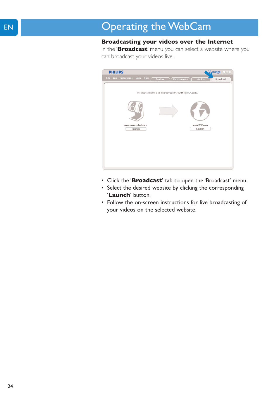 Chapter, Operating the webcam | Philips SPC1300NC-27 User Manual | Page 24 / 28