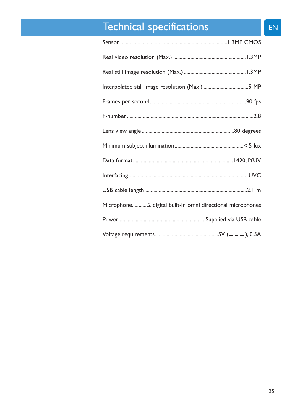 Chapter, Technical specifications | Philips SPC1300NC-27 User Manual | Page 25 / 28