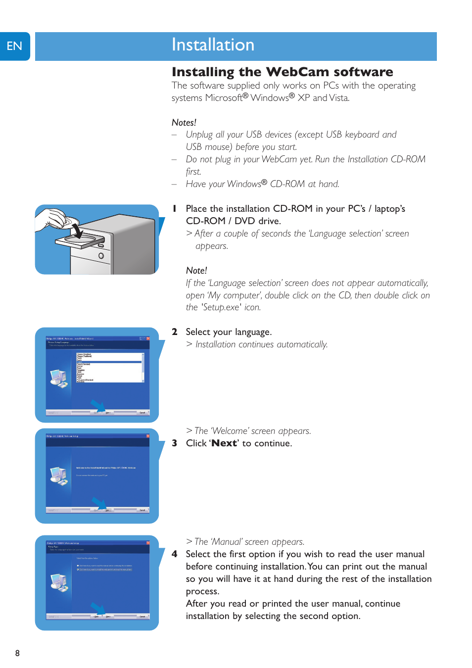 Chapter, Installation, Installing the webcam software | Philips SPC1300NC-27 User Manual | Page 8 / 28