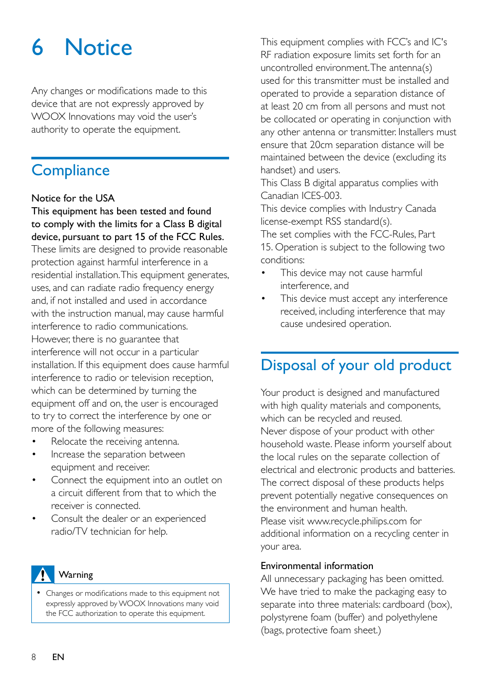 6 notice, Compliance, Disposal of your old product | Philips Bluetooth® Hi-Fi adapter AEA2000 Bluetooth® music receiver For smartphone tablet User Manual | Page 10 / 12