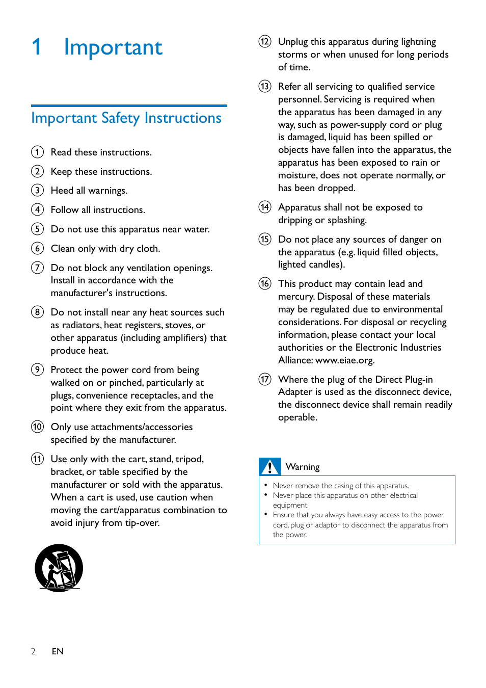 1 important, Important safety instructions | Philips Bluetooth® Hi-Fi adapter AEA2000 Bluetooth® music receiver For smartphone tablet User Manual | Page 4 / 12