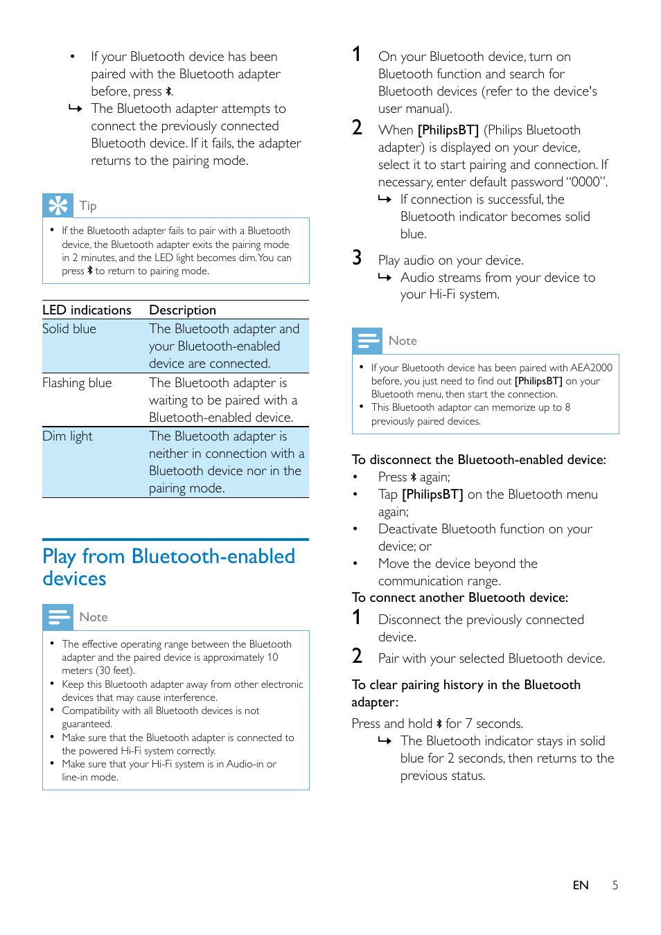 Play from bluetooth-enabled devices | Philips Bluetooth® Hi-Fi adapter AEA2000 Bluetooth® music receiver For smartphone tablet User Manual | Page 7 / 12