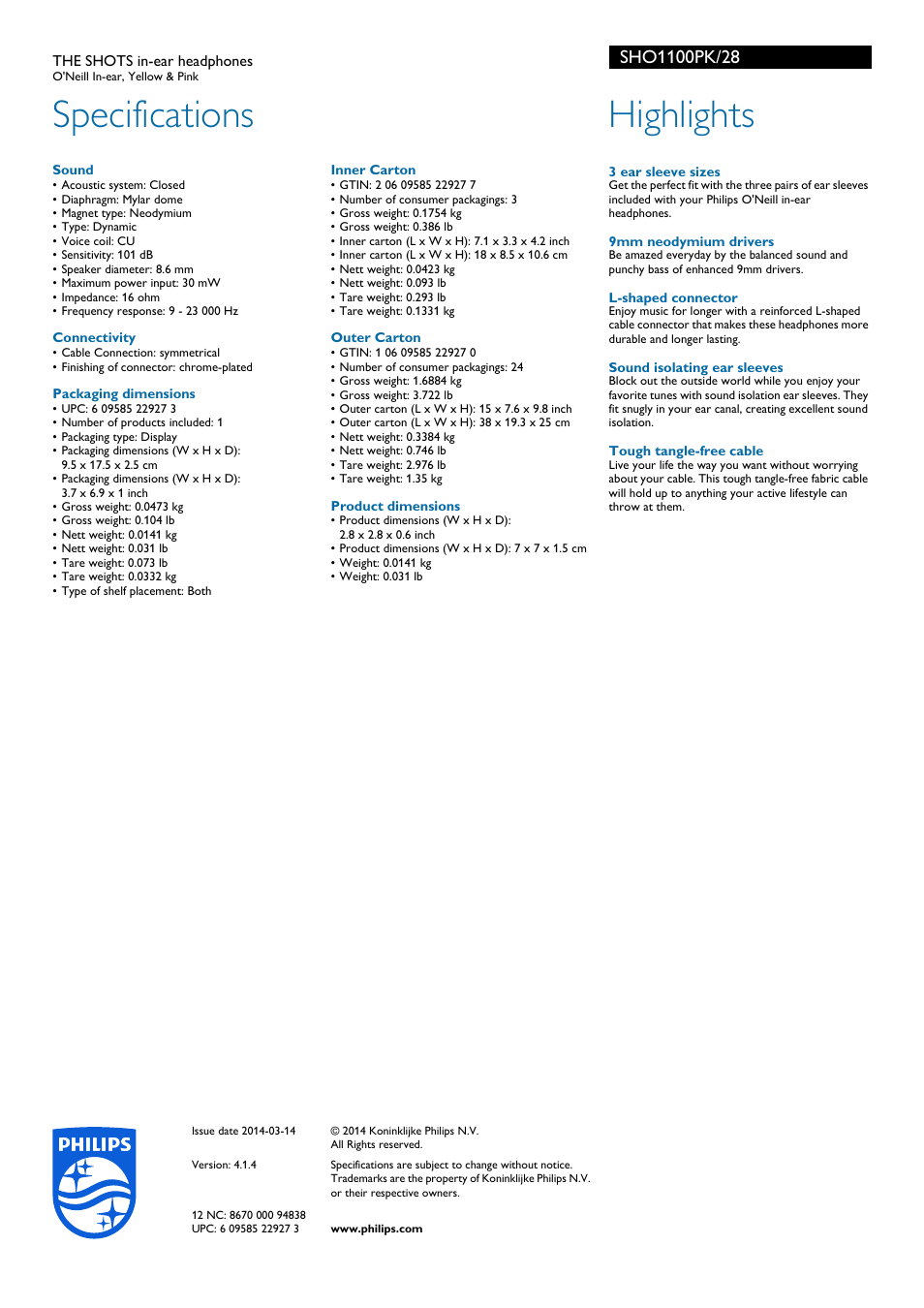 Specifications, Highlights | Philips SHO1100PK-28 User Manual | Page 2 / 2