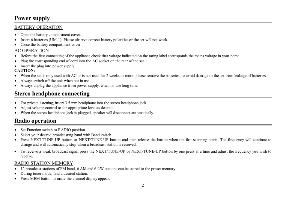 Power supply, Stereo headphone connecting, Radio operation | Hyundai H-1410 User Manual | Page 3 / 13