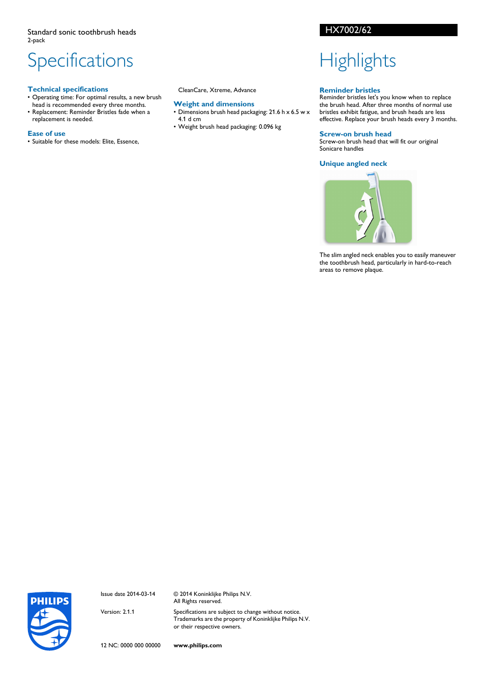 Specifications, Highlights | Philips HX7002-62 User Manual | Page 2 / 2