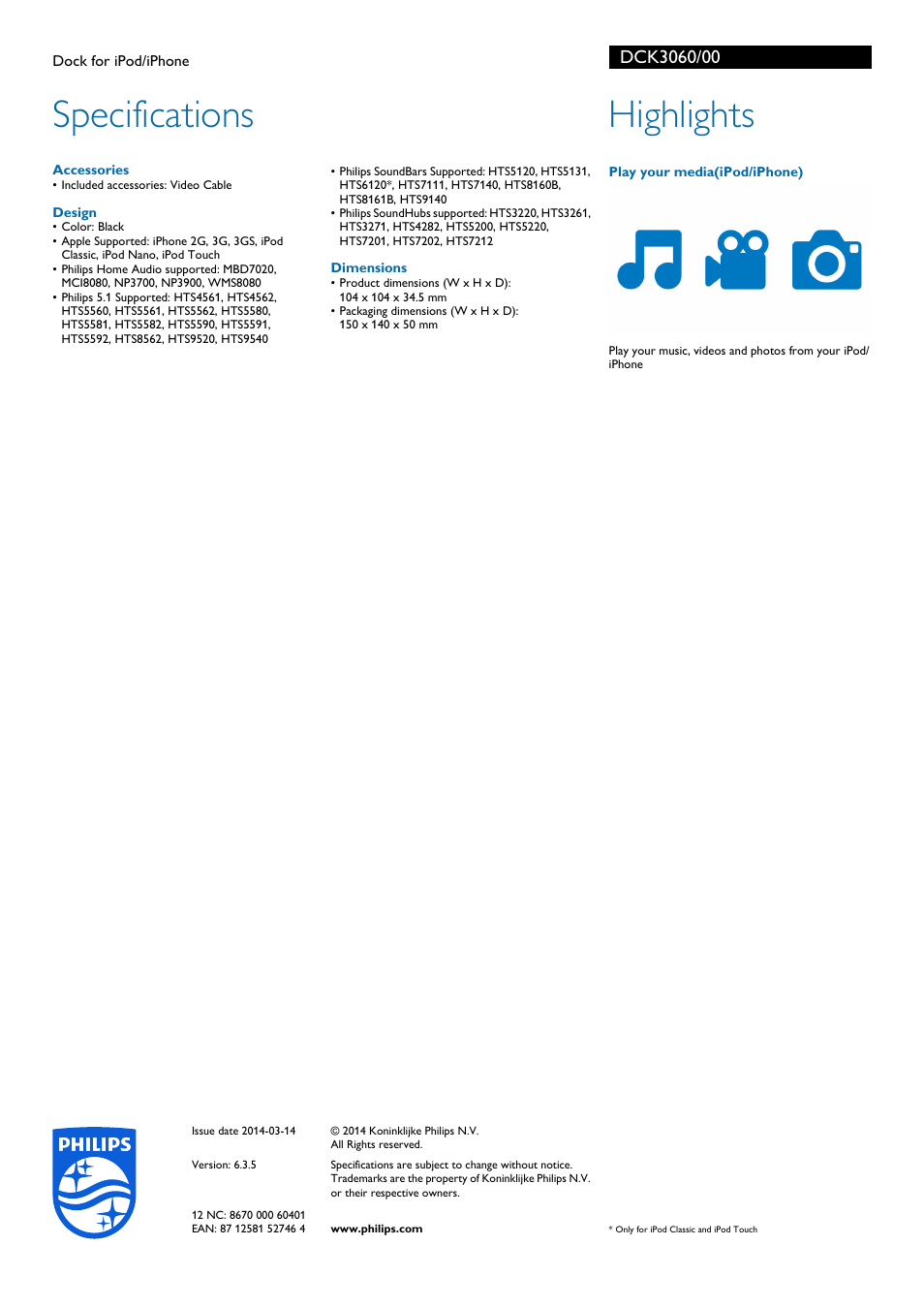 Specifications, Highlights | Philips DCK3060-00 User Manual | Page 2 / 2