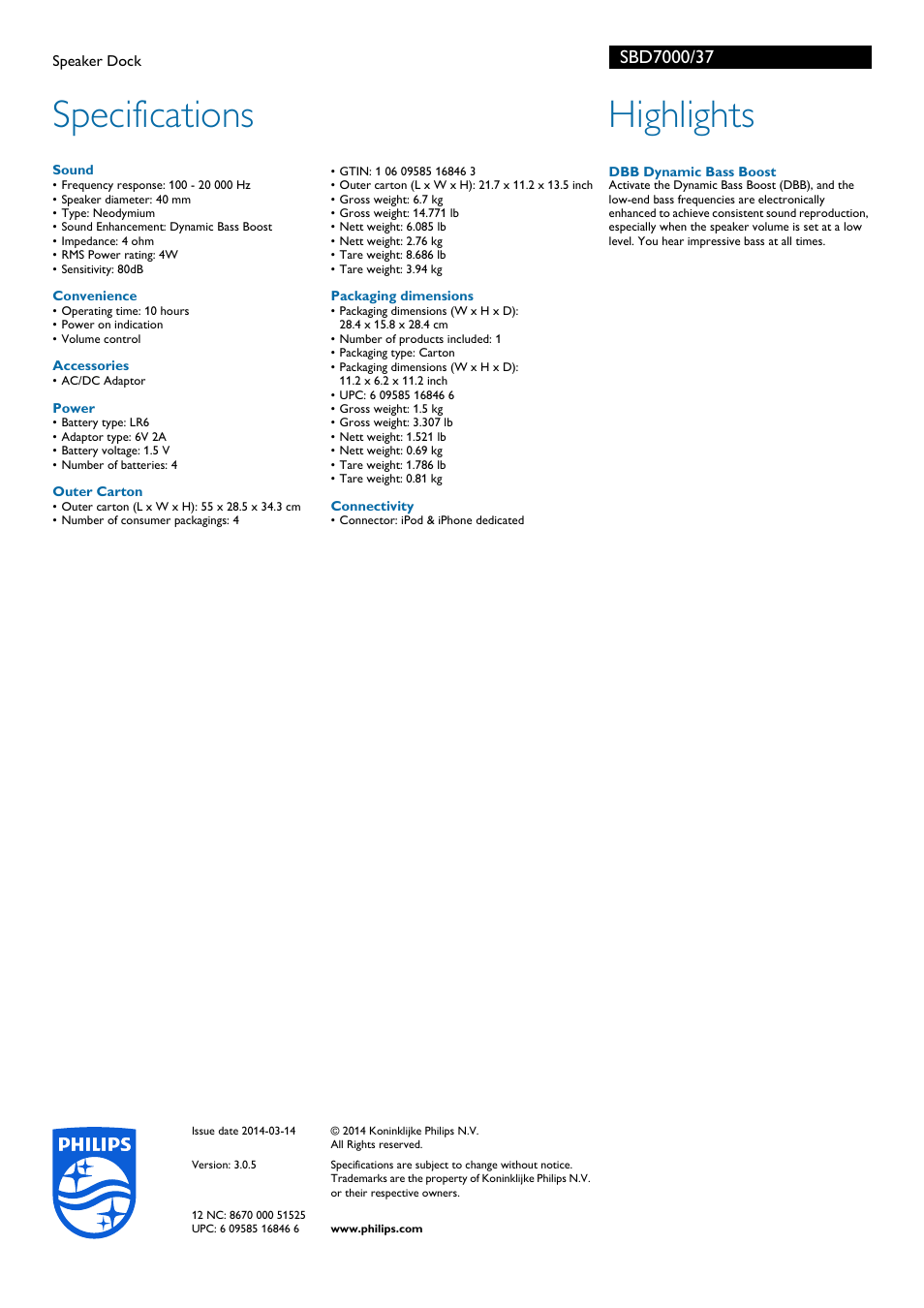 Specifications, Highlights | Philips SBD7000-37B User Manual | Page 2 / 2