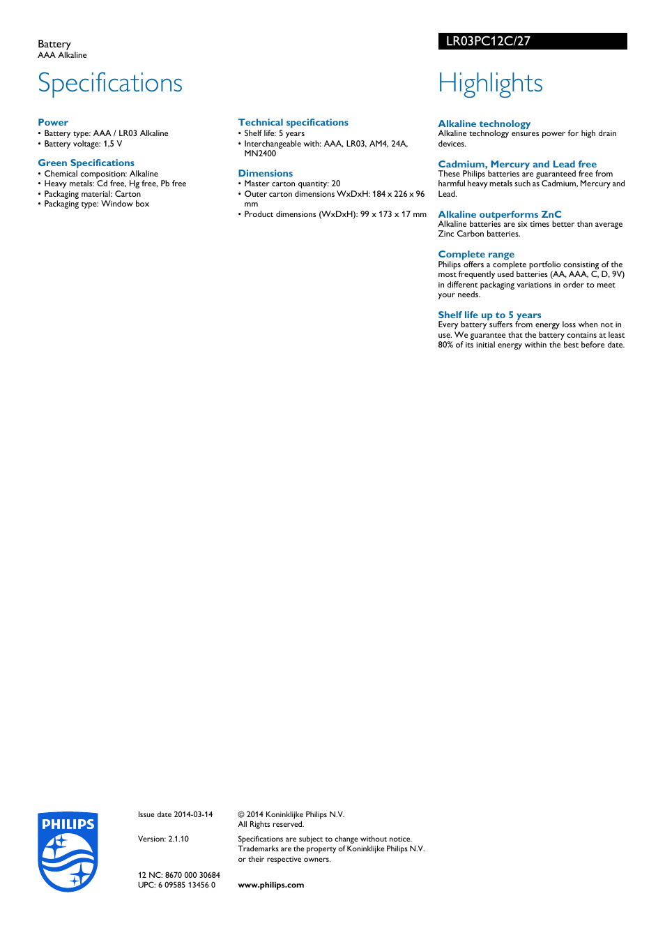 Specifications, Highlights | Philips LR03PC12C-27 User Manual | Page 2 / 2