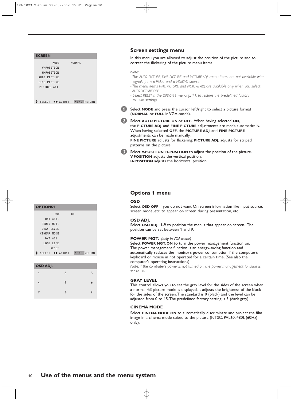 Use of the menus and the menu system, Screen settings menu, Options 1 menu | Philips 55FD9955 User Manual | Page 10 / 20