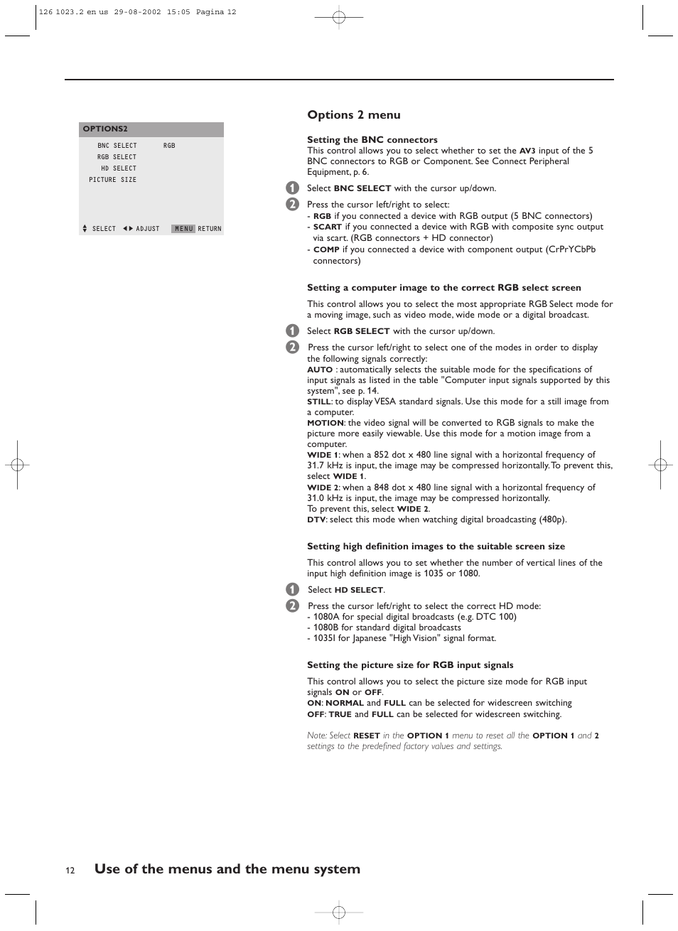 Use of the menus and the menu system, Options 2 menu | Philips 55FD9955 User Manual | Page 12 / 20