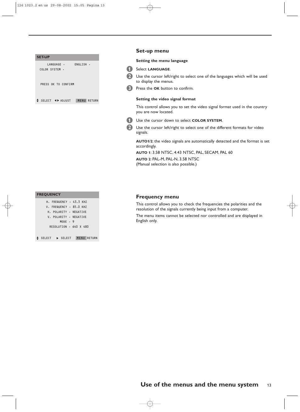 Use of the menus and the menu system, Set-up menu, Frequency menu | Philips 55FD9955 User Manual | Page 13 / 20