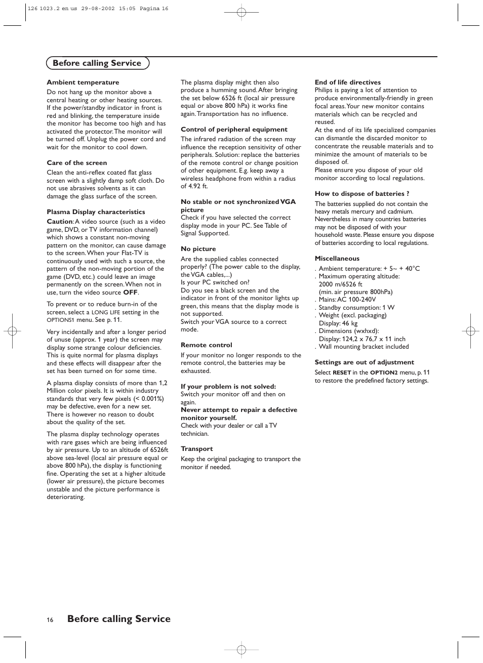 Before calling service | Philips 55FD9955 User Manual | Page 16 / 20