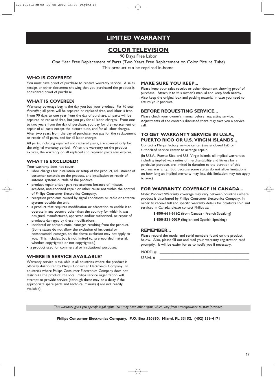 Color television, Limited warranty | Philips 55FD9955 User Manual | Page 17 / 20