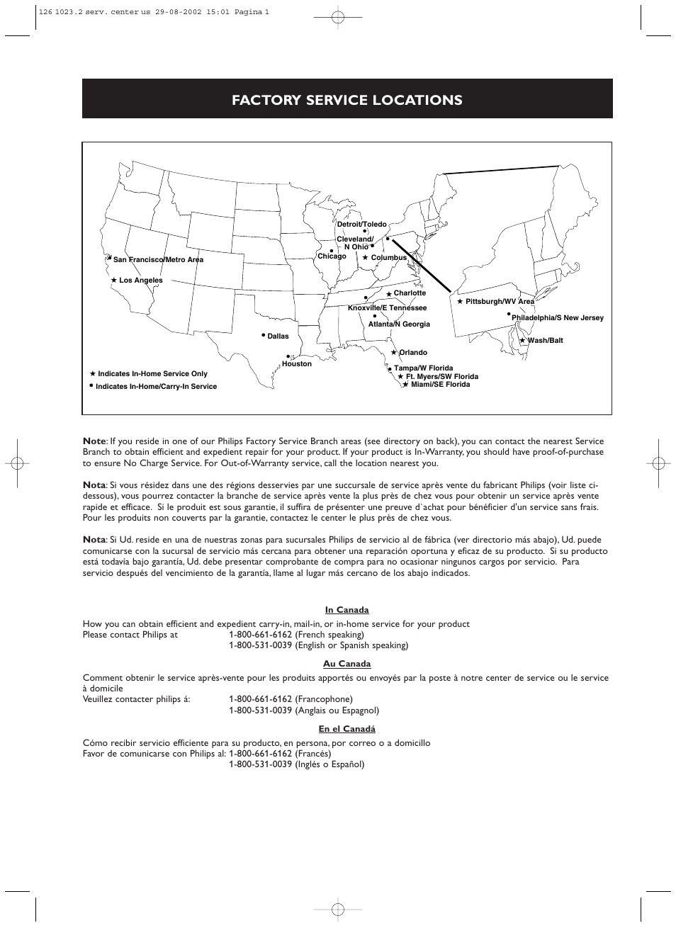 Factory service locations | Philips 55FD9955 User Manual | Page 19 / 20