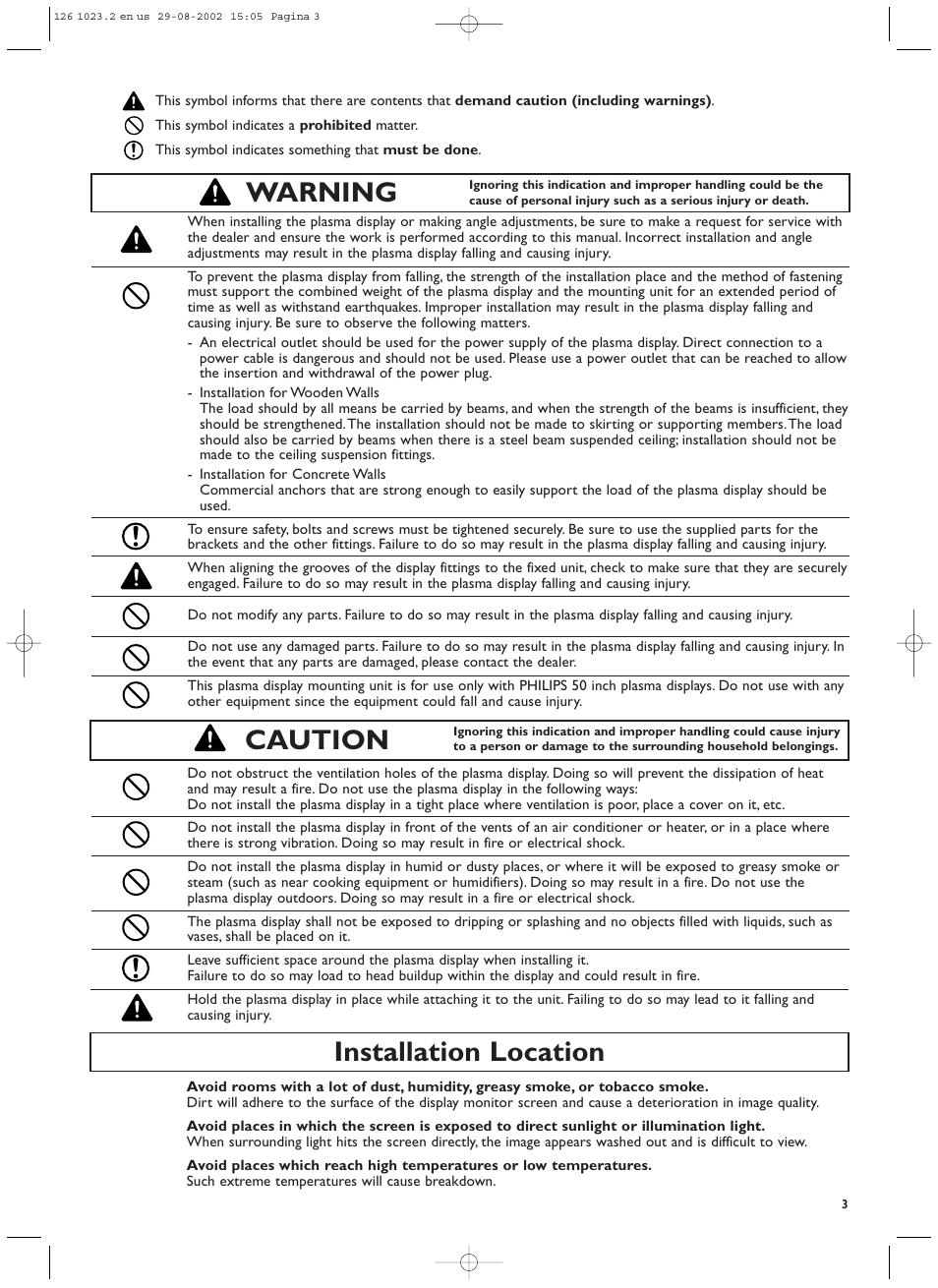 Warning, Caution installation location | Philips 55FD9955 User Manual | Page 3 / 20