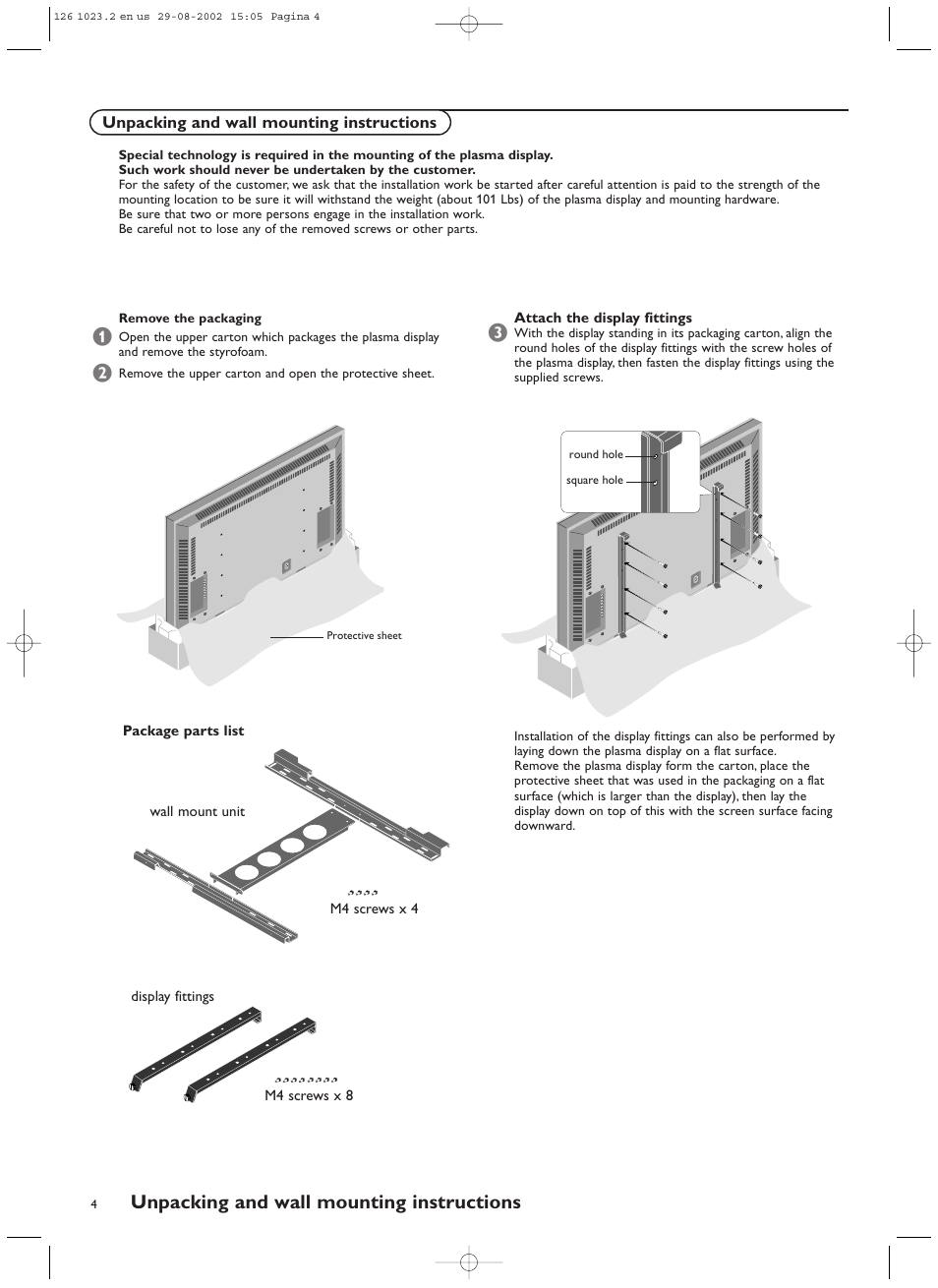 Unpacking and wall mounting instructions | Philips 55FD9955 User Manual | Page 4 / 20