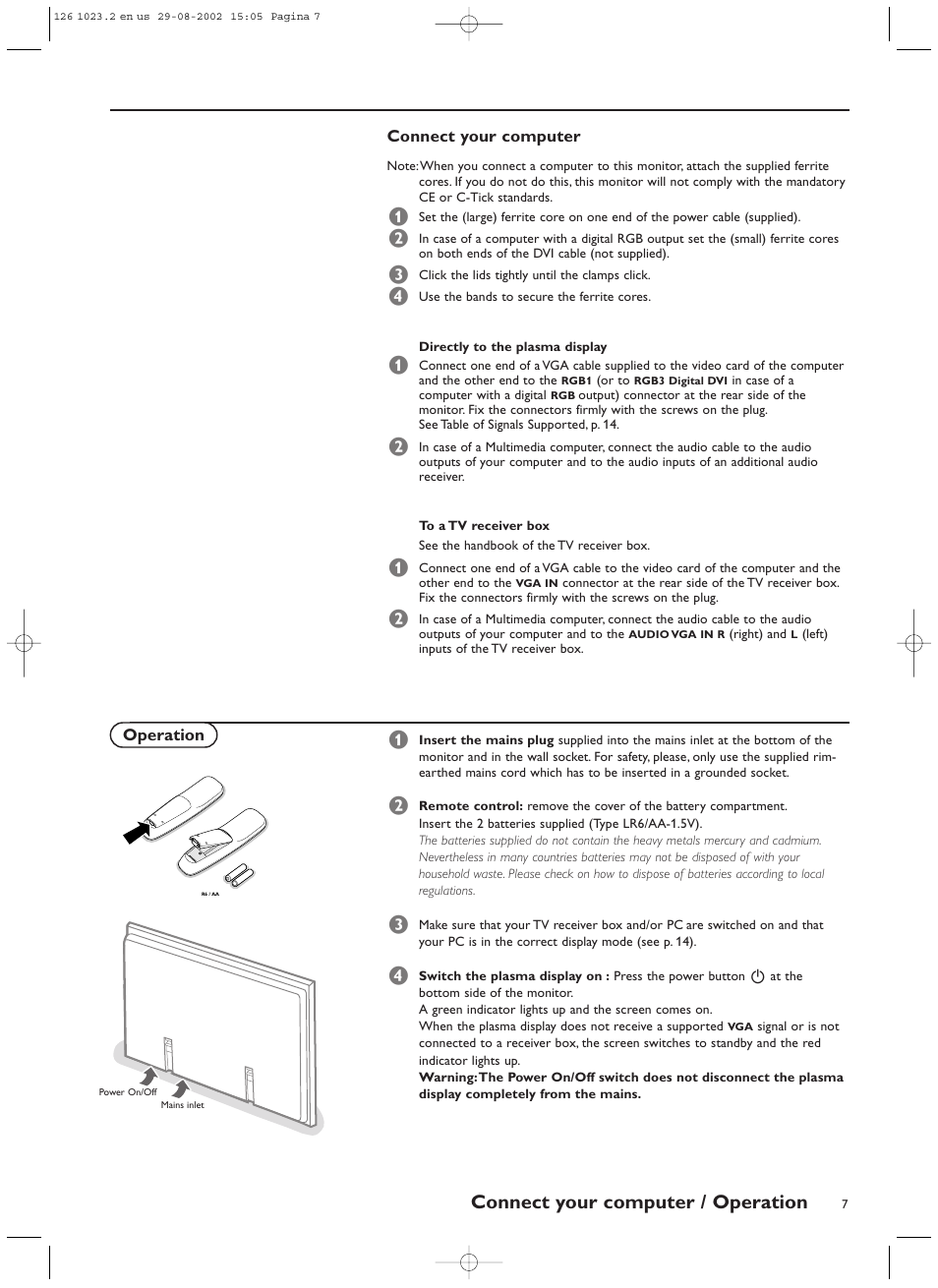 Connect your computer / operation | Philips 55FD9955 User Manual | Page 7 / 20