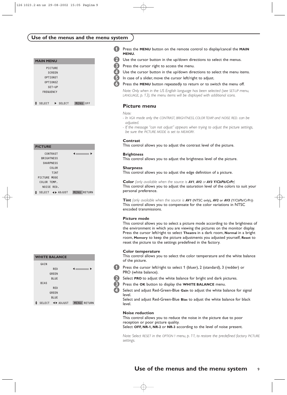 Use of the menus and the menu system, Picture menu | Philips 55FD9955 User Manual | Page 9 / 20