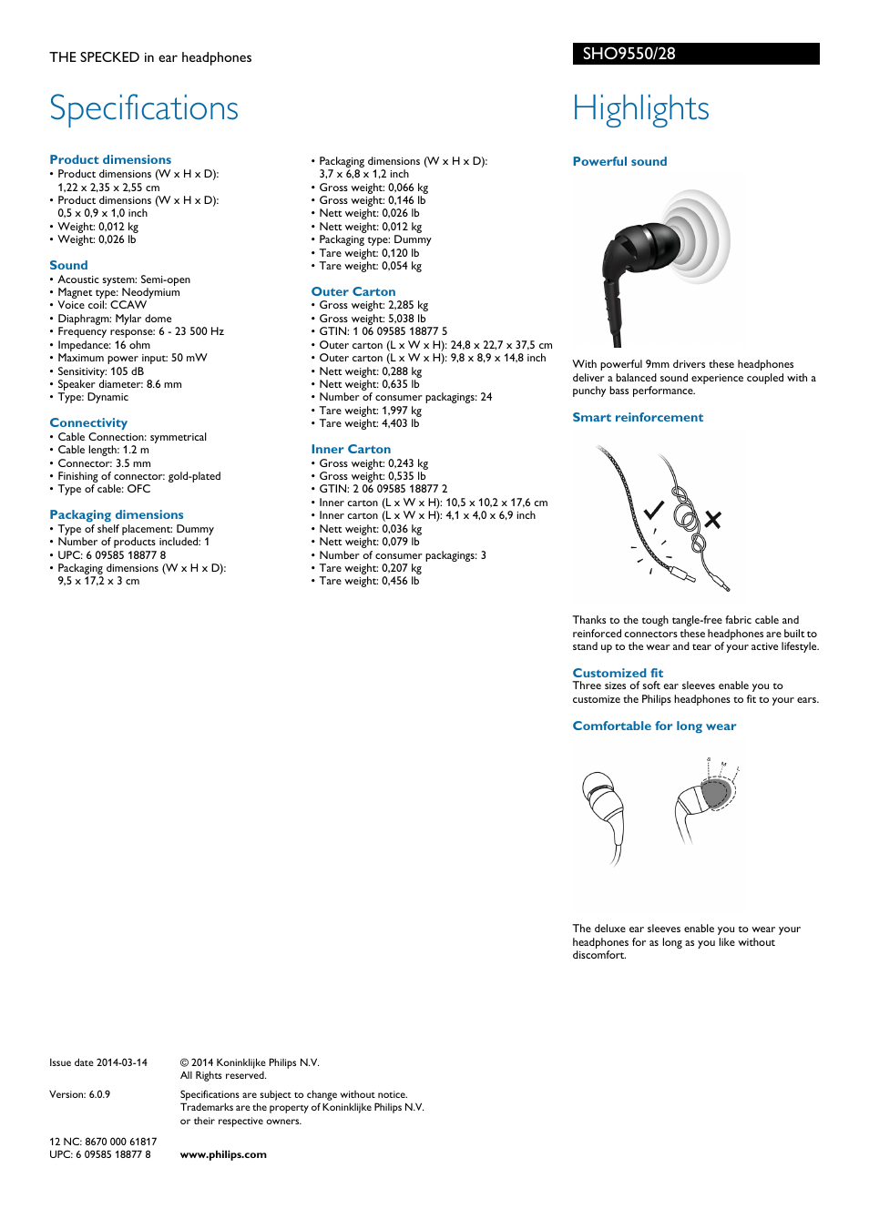 Specifications, Highlights | Philips SHO9550-28 User Manual | Page 2 / 2