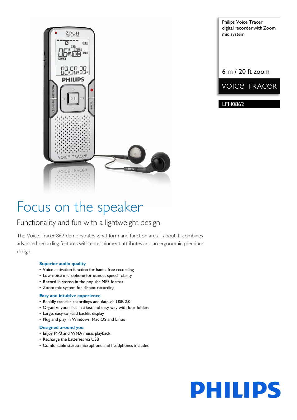 Philips Voice Tracer digital recorder LFH0862 6 m - 20 ft zoom with Zoom mic system User Manual | 3 pages