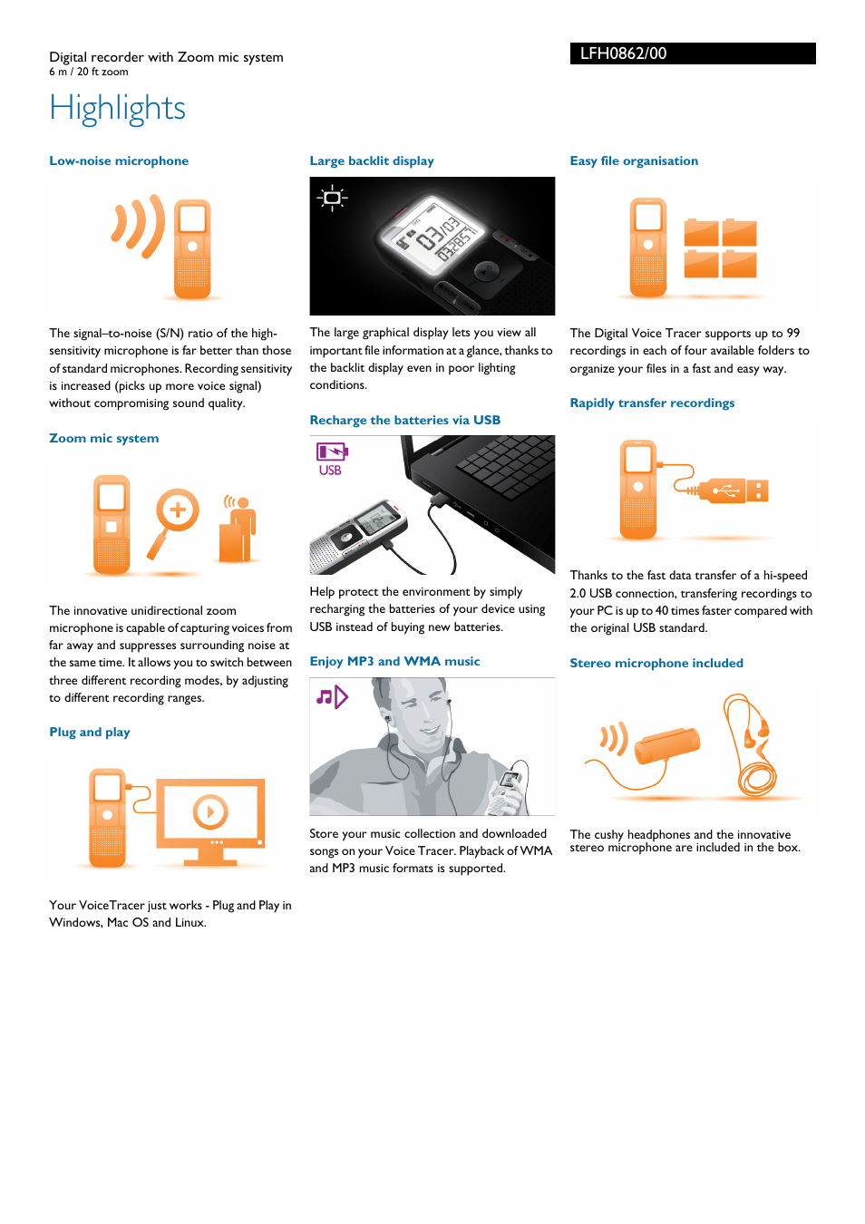Highlights | Philips Voice Tracer digital recorder LFH0862 6 m - 20 ft zoom with Zoom mic system User Manual | Page 2 / 3