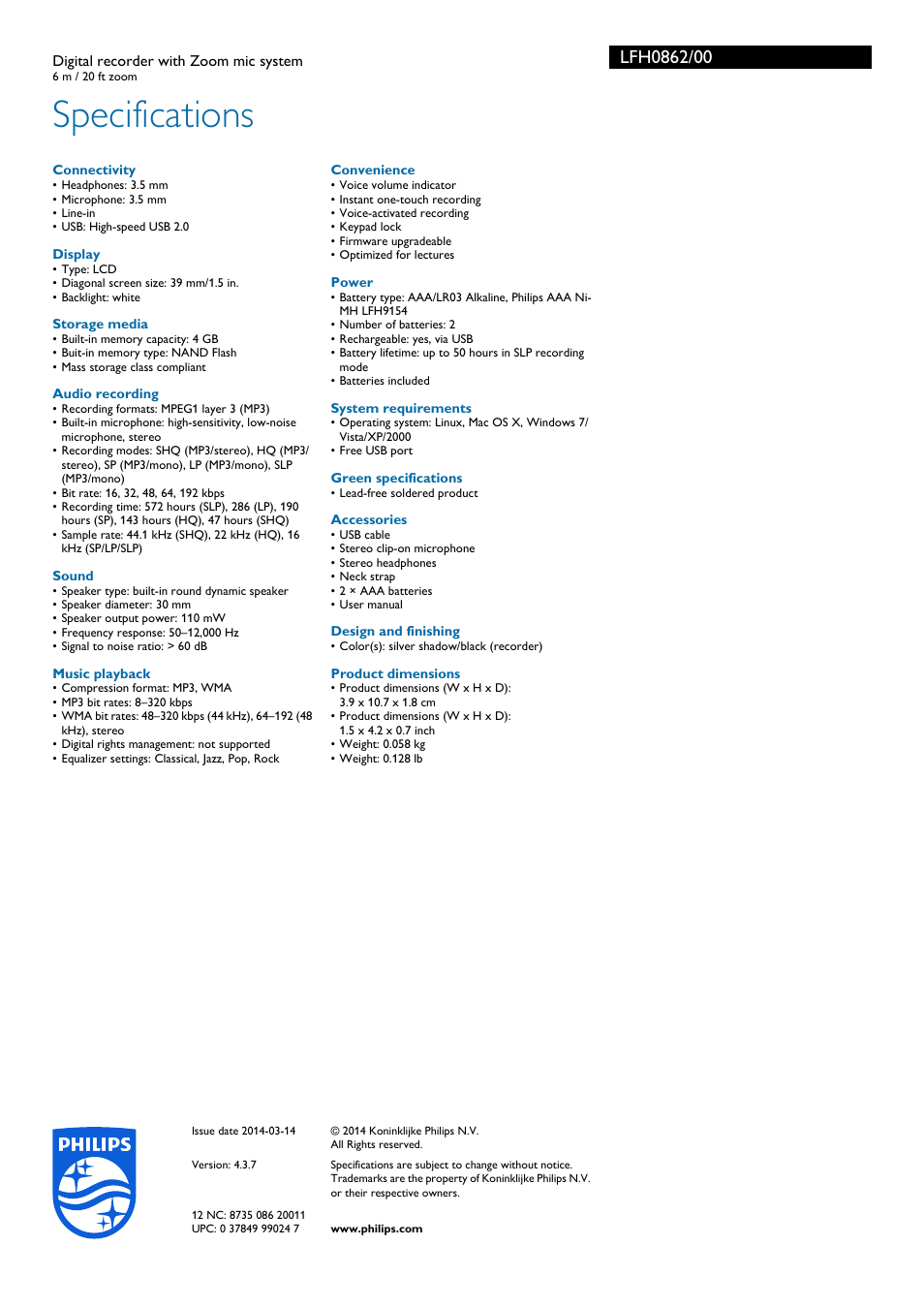 Specifications | Philips Voice Tracer digital recorder LFH0862 6 m - 20 ft zoom with Zoom mic system User Manual | Page 3 / 3