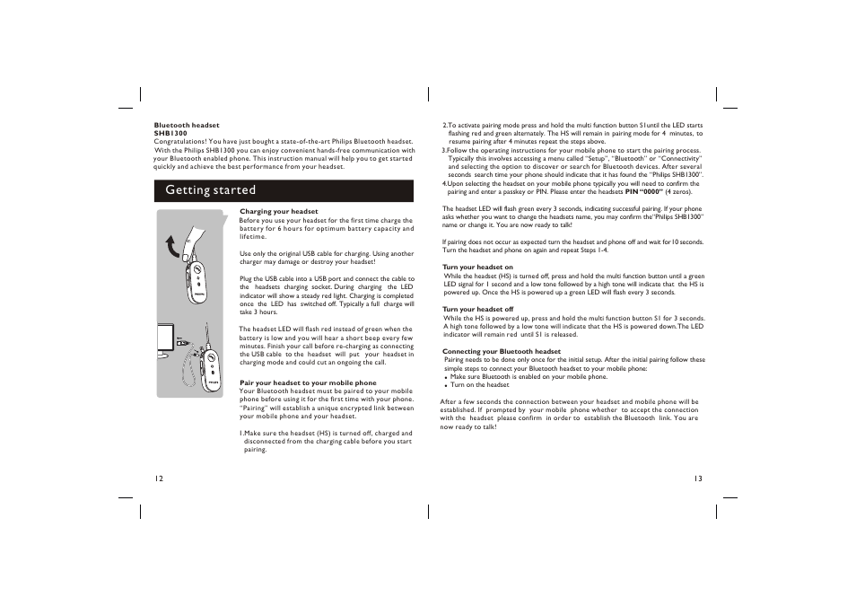 Getting started | Philips Bluetooth Headset SHB1300 User Manual | Page 7 / 9