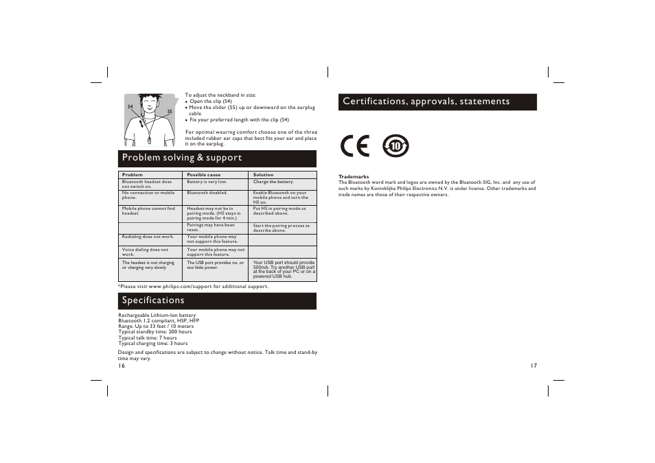 Problem solving & support, Specifications, Certifications, approvals, statements | Philips Bluetooth Headset SHB1300 User Manual | Page 9 / 9