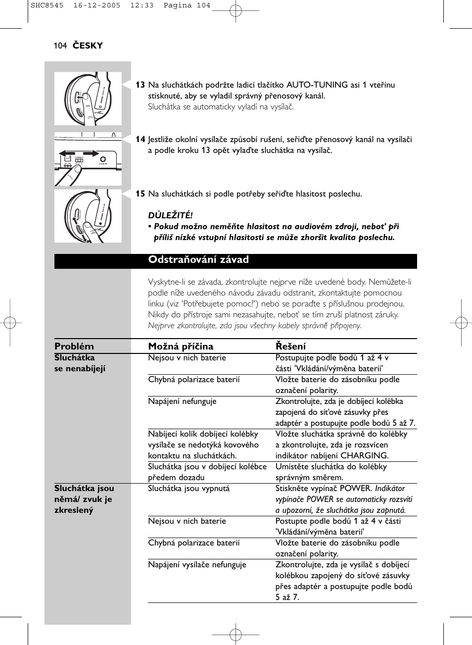 Odstraňování závad | Philips SHC8545-05 User Manual | Page 104 / 149