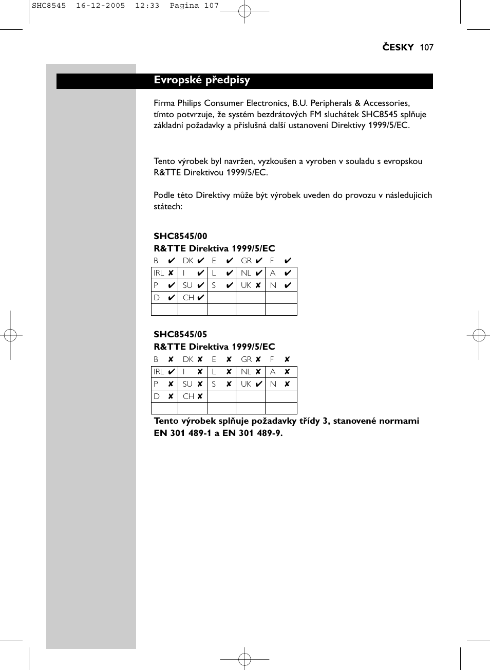 Evropské předpisy | Philips SHC8545-05 User Manual | Page 107 / 149