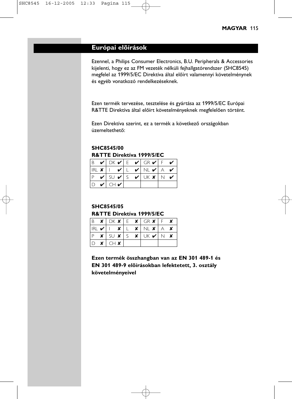 Európai elõírások | Philips SHC8545-05 User Manual | Page 115 / 149