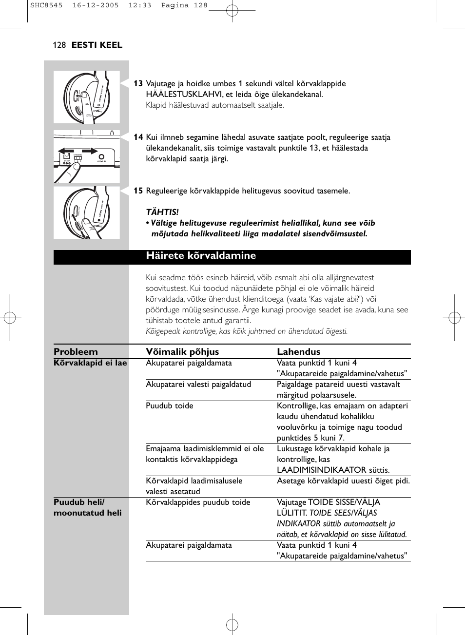 Häirete kõrvaldamine | Philips SHC8545-05 User Manual | Page 128 / 149