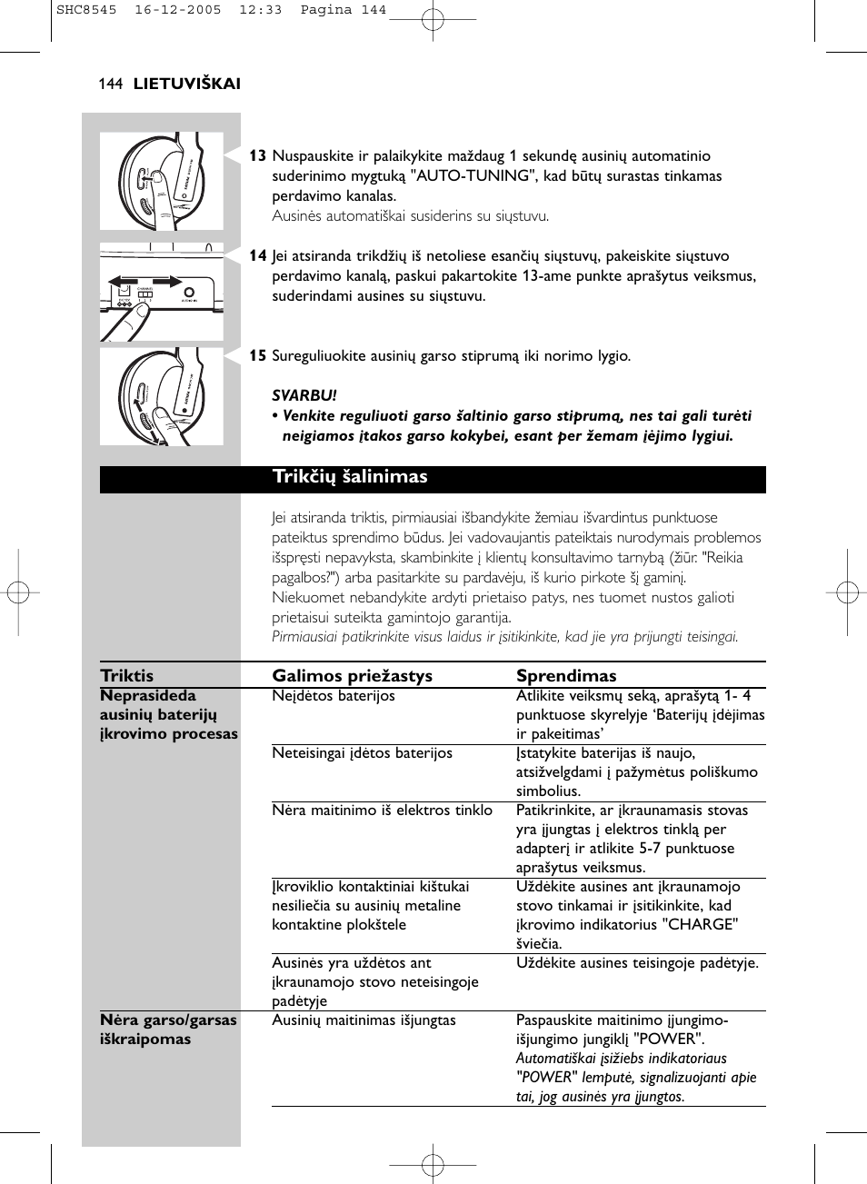 Trikčių šalinimas | Philips SHC8545-05 User Manual | Page 144 / 149