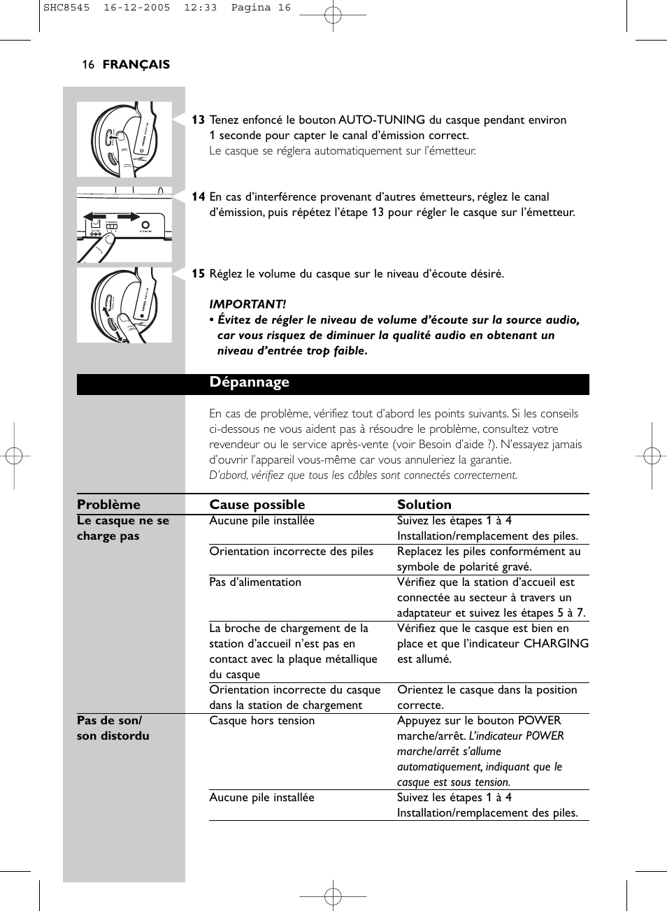 Dépannage | Philips SHC8545-05 User Manual | Page 16 / 149