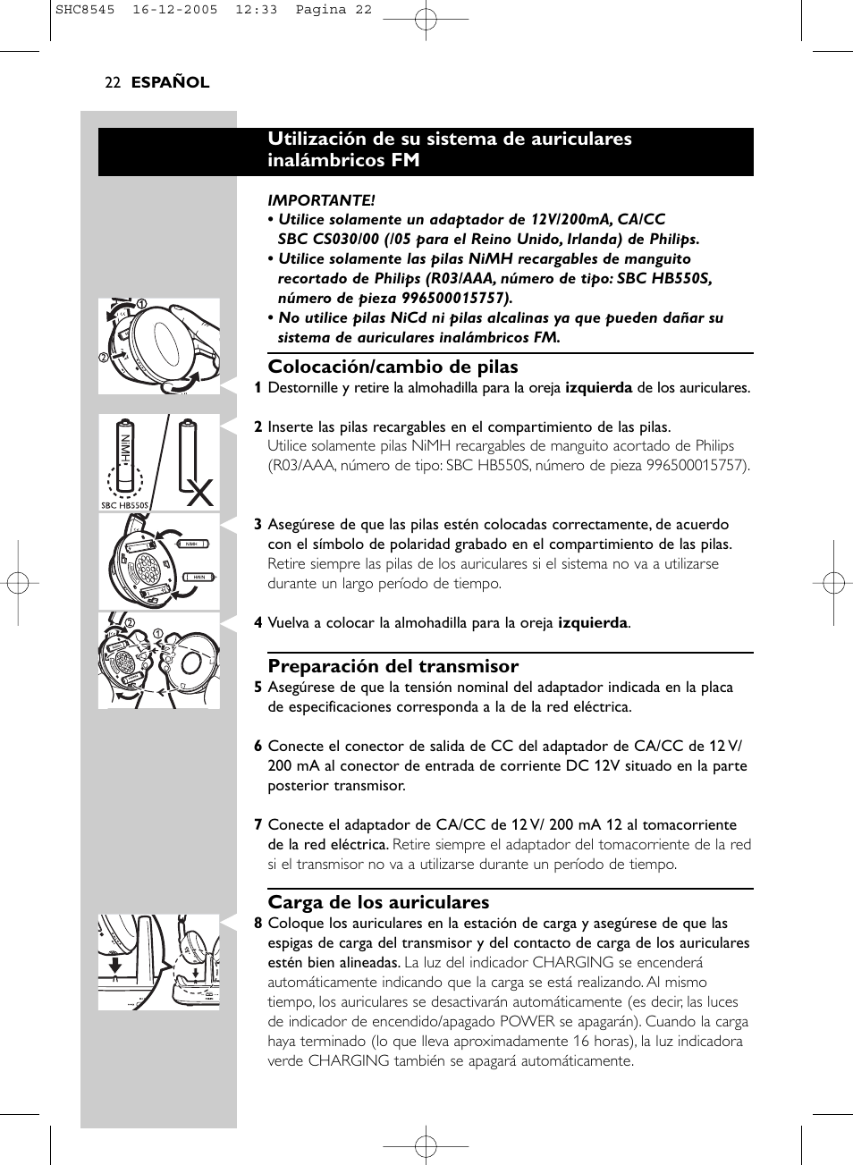 Colocación/cambio de pilas, Preparación del transmisor, Carga de los auriculares | Philips SHC8545-05 User Manual | Page 22 / 149