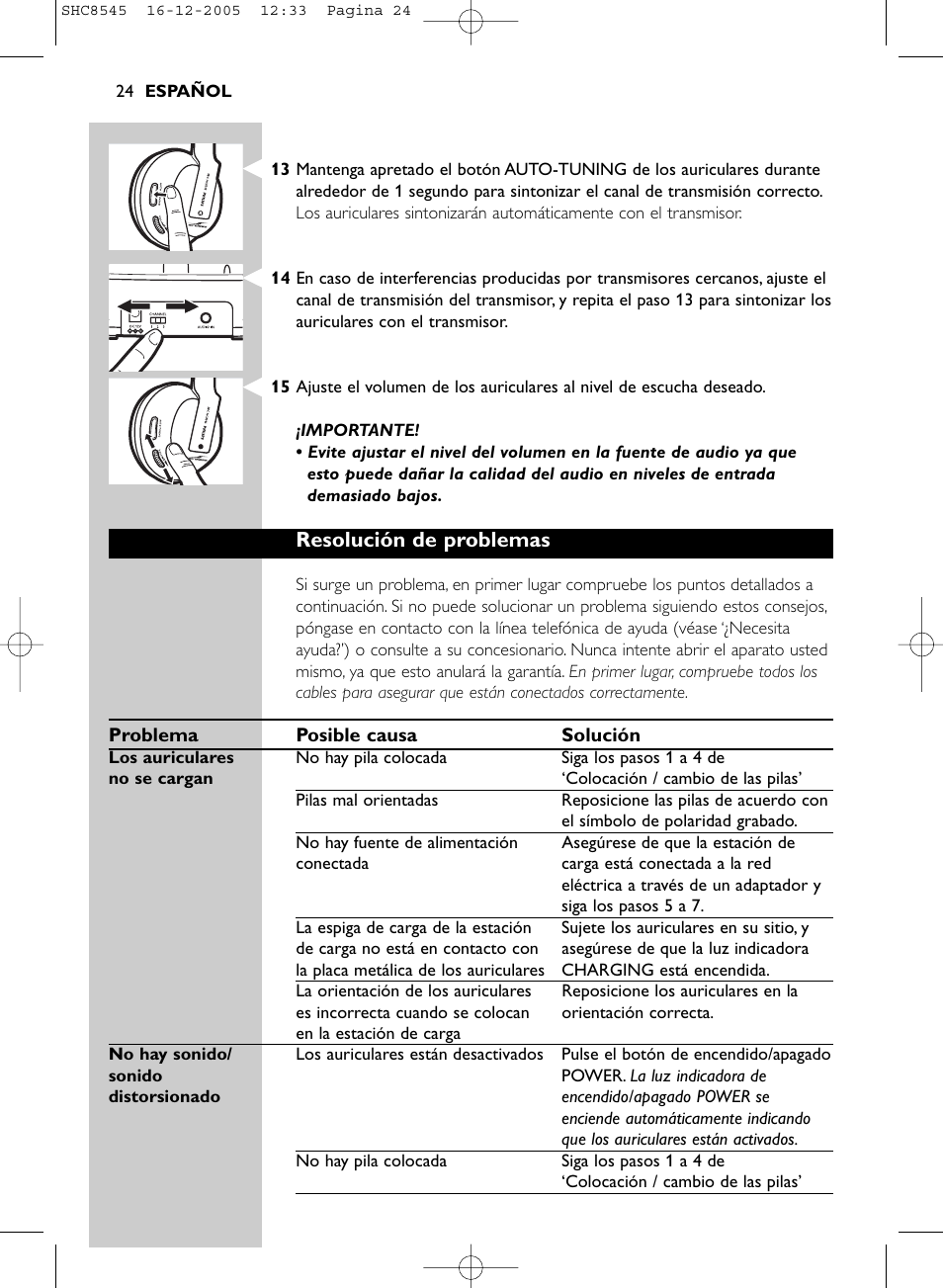 Resolución de problemas | Philips SHC8545-05 User Manual | Page 24 / 149
