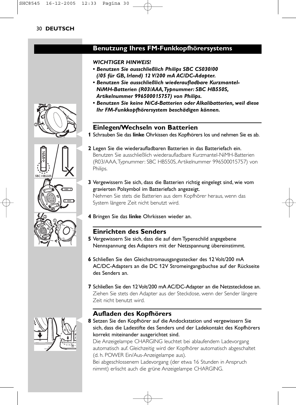 Benutzung ihres fm-funkkopfhörersystems, Einlegen/wechseln von batterien, Einrichten des senders | Aufladen des kopfhörers | Philips SHC8545-05 User Manual | Page 30 / 149