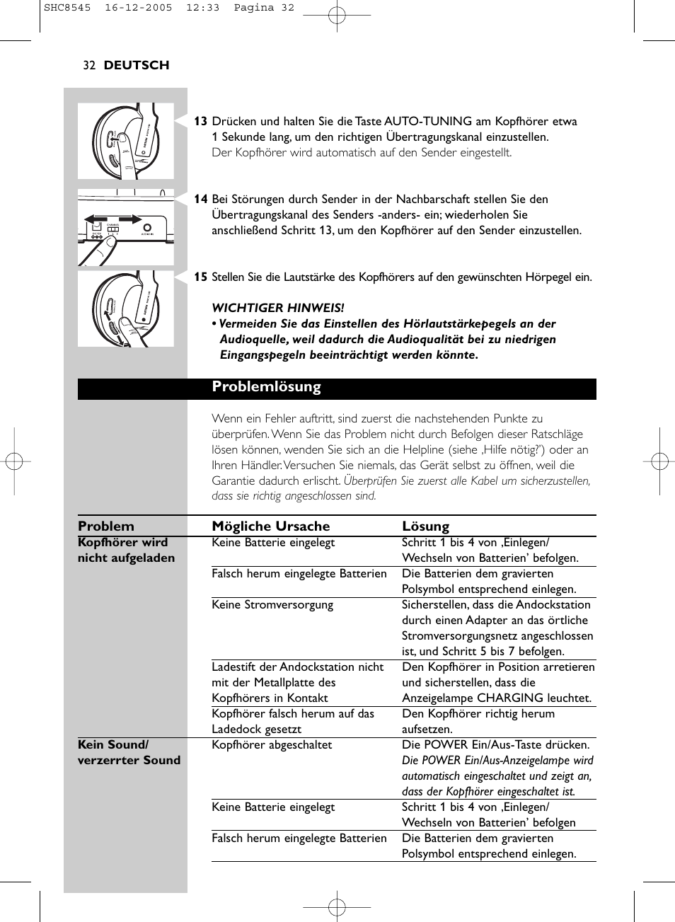 Problemlösung | Philips SHC8545-05 User Manual | Page 32 / 149