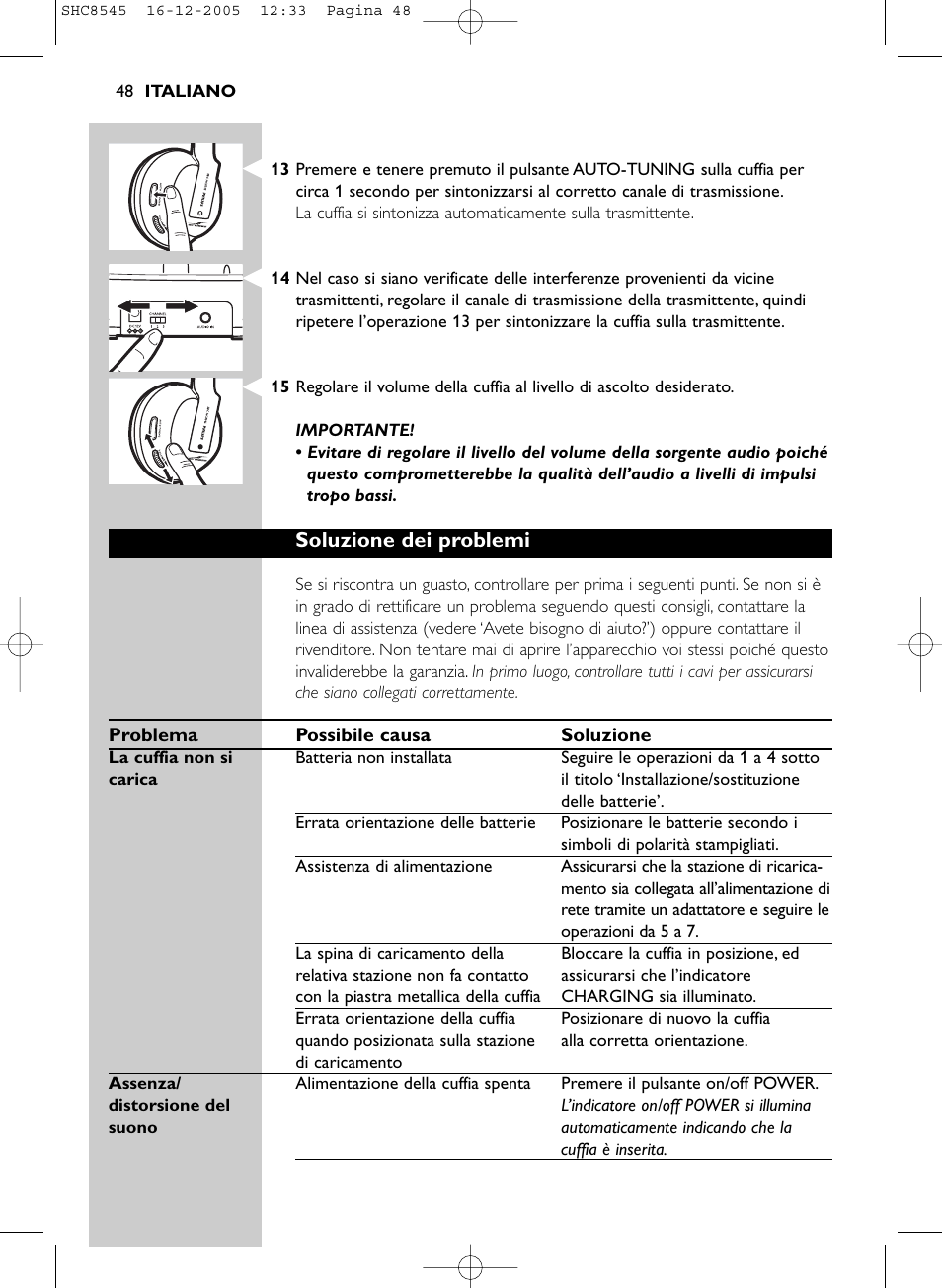 Soluzione dei problemi | Philips SHC8545-05 User Manual | Page 48 / 149