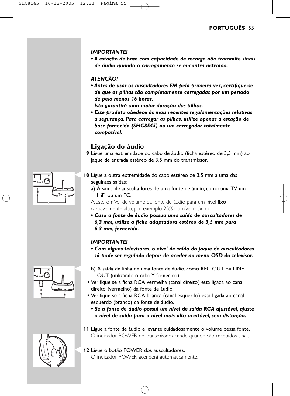 Ligação do áudio | Philips SHC8545-05 User Manual | Page 55 / 149