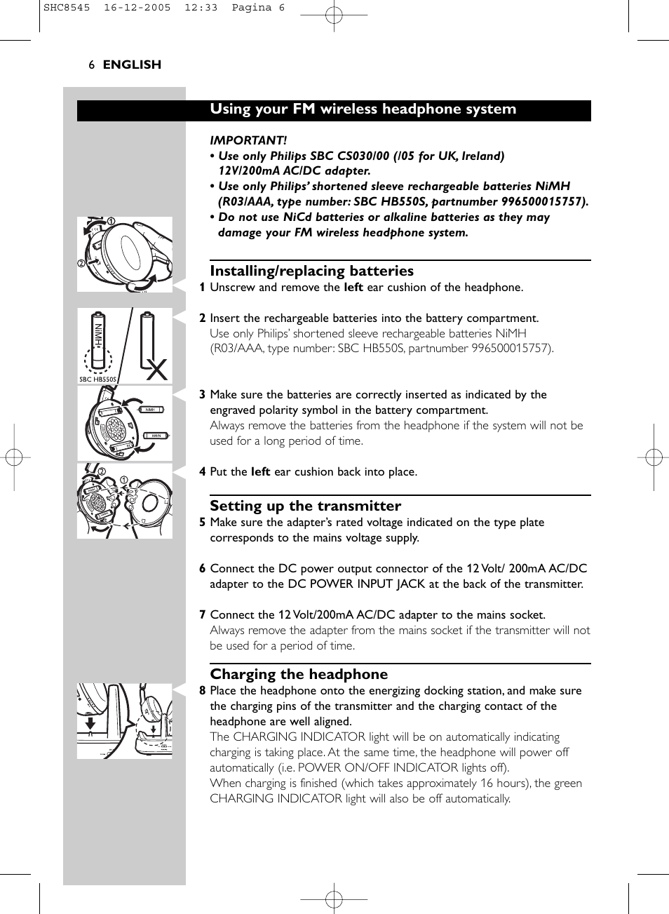 Using your fm wireless headphone system, Installing/replacing batteries, Setting up the transmitter | Charging the headphone | Philips SHC8545-05 User Manual | Page 6 / 149