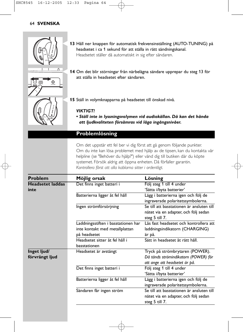 Problemlösning | Philips SHC8545-05 User Manual | Page 64 / 149