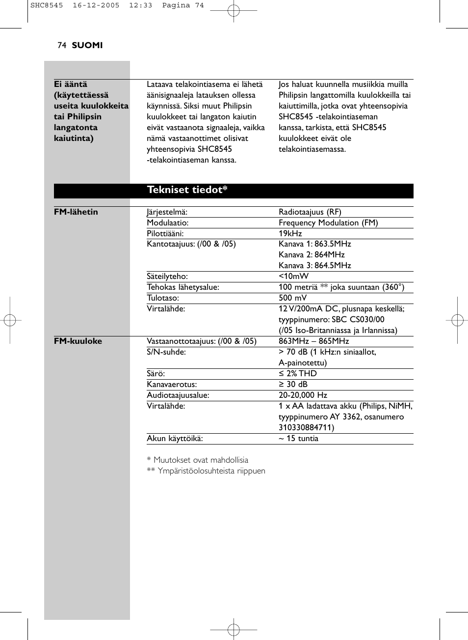 Tekniset tiedot | Philips SHC8545-05 User Manual | Page 74 / 149