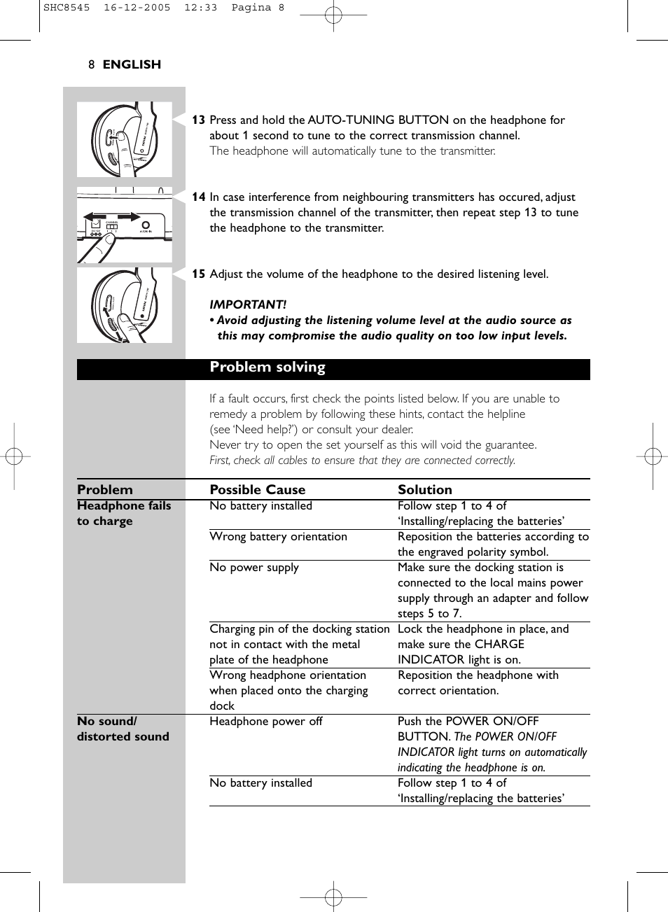 Problem solving | Philips SHC8545-05 User Manual | Page 8 / 149