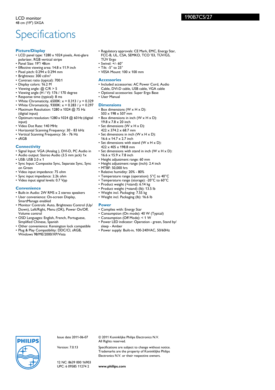 Specifications | Philips 190B7CS-27 User Manual | Page 3 / 3