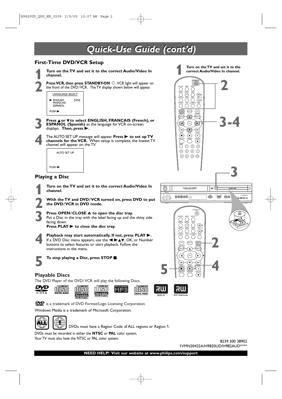 Quick-use guide (cont’d), Playable discs, Playing a disc | First-time dvd/vcr setup | Philips DVP3050V-37B User Manual | Page 2 / 6