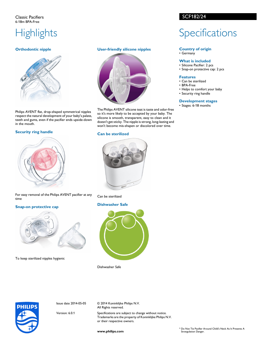 Highlights, Specifications | Philips SCF182-24 User Manual | Page 2 / 2