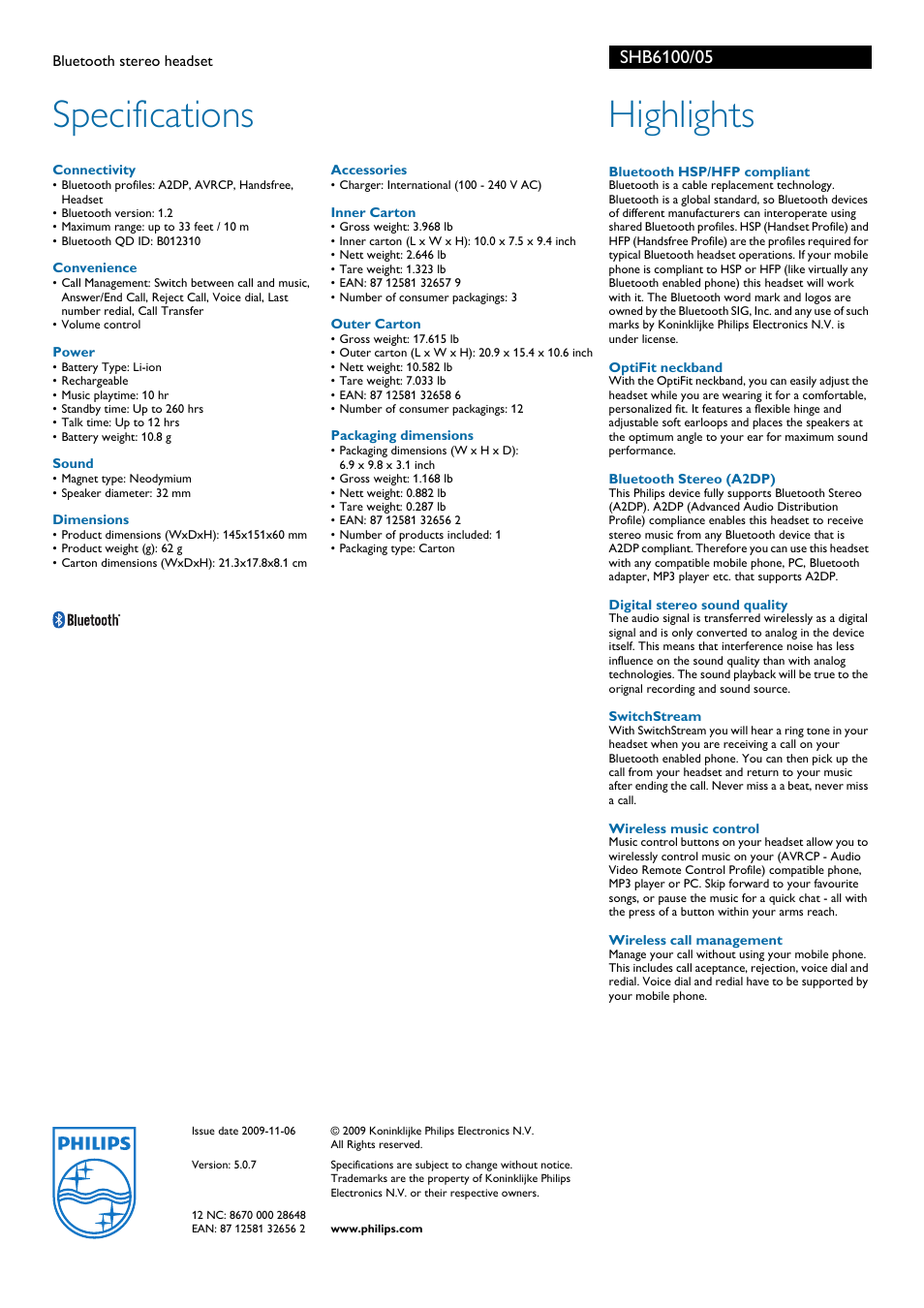 Specifications, Highlights | Philips SHB6100-05 User Manual | Page 2 / 2