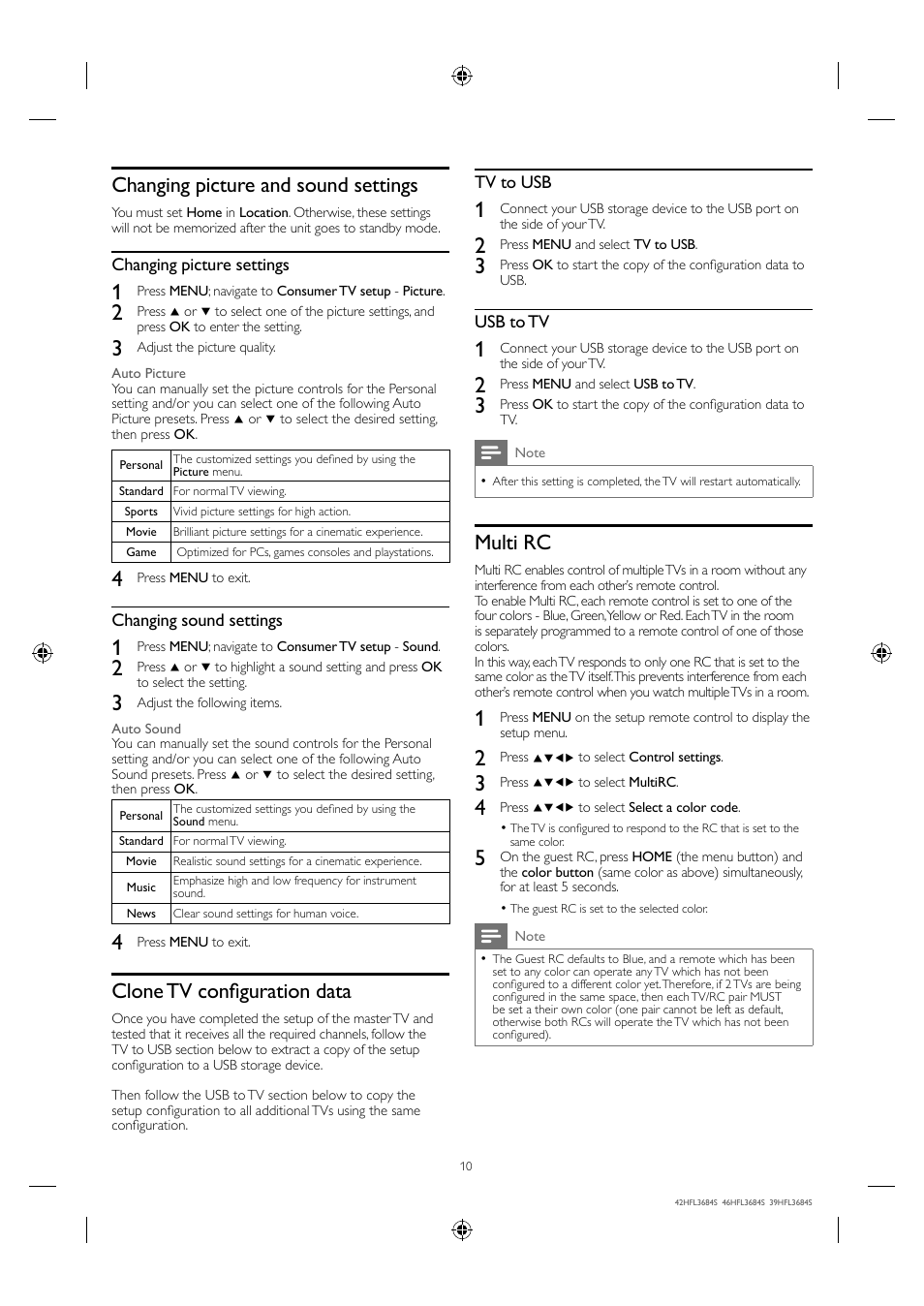 Changing picture and sound settings, Clone tv confi guration data, Multi rc | Philips 42HFL3684S-F7 User Manual | Page 10 / 12