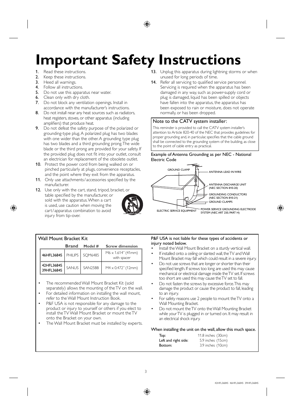 Important safety instructions | Philips 42HFL3684S-F7 User Manual | Page 3 / 12